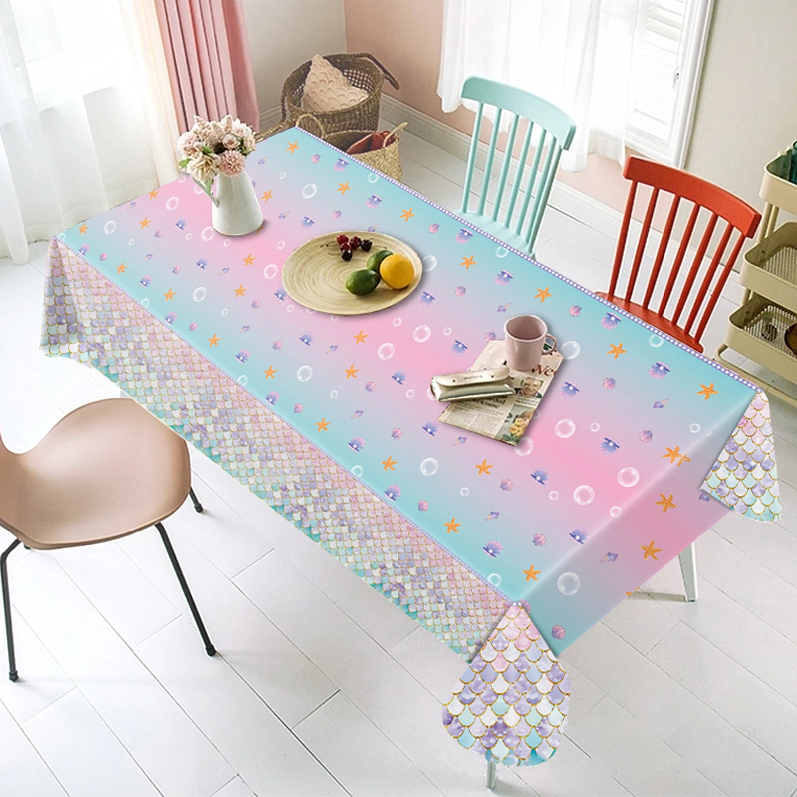 1pcs Mermaid Shell Scale Tablecloth 130X220CM Large Size Party Supplies Disposable Tablecloth Children's Birthday Party Supplies view 6