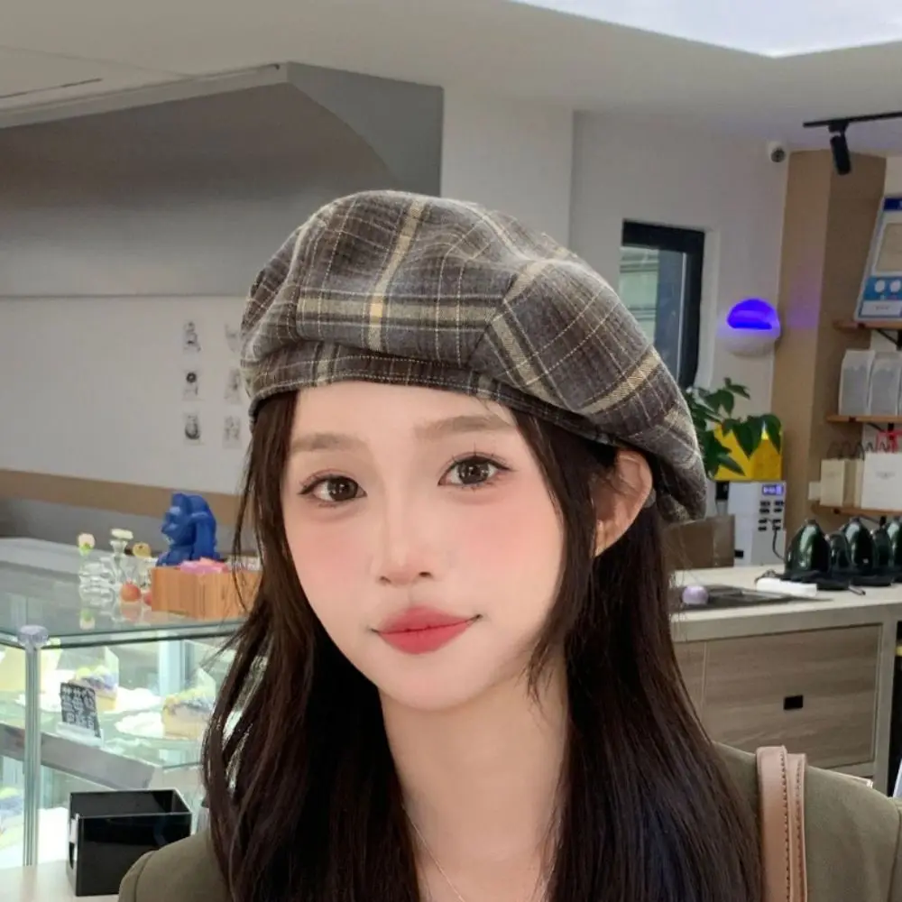 

Simple Y2K Plaid Beret Hat Street Style Keep Warm Women Newsboy Cap Harajuku Woolen Octagonal Hat Winter