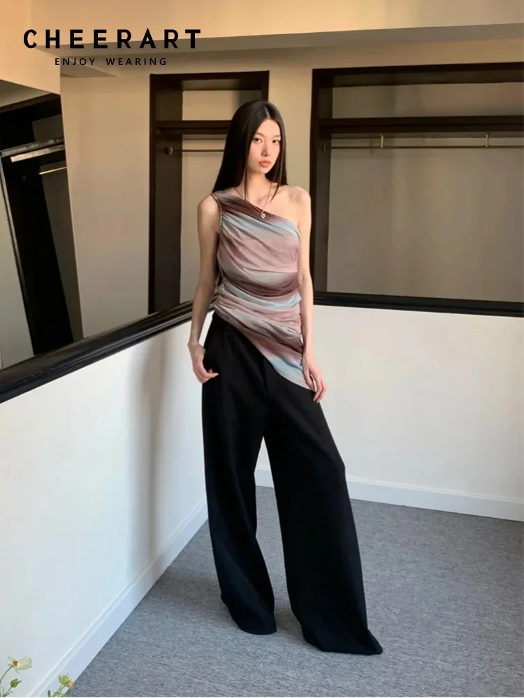 

CHEERART Tie Dye с открытыми плечами, сетчатый асимметричный топ для женщин, лето 2022, топ на одно плечо с рюшами, одежда на бретелях