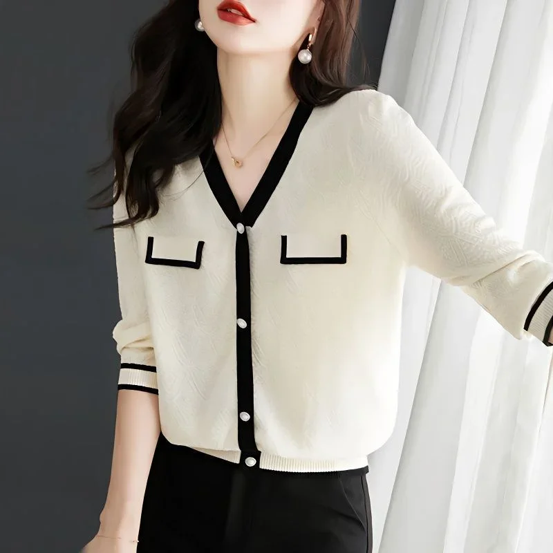 

Pop Knitted Shirt Ice Silk Top Women's 2025 Spring Autumn New V-neck 3/4 Sleeves Loose Thin Western Style Small Shirt