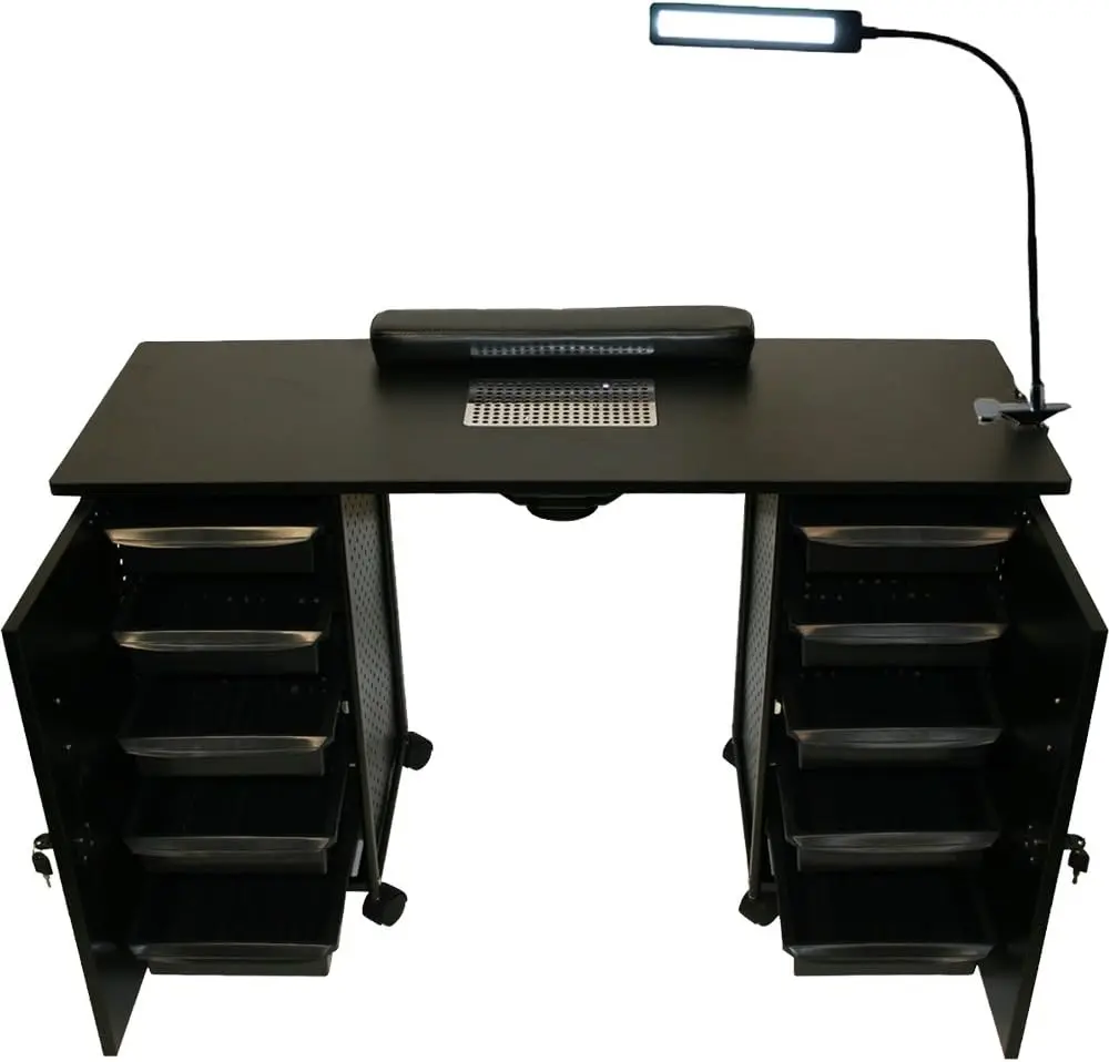 

Black Steel Vented Double Storage Manicure Nail Table Desk Salon Spa Equipment FREE: LED Lamp