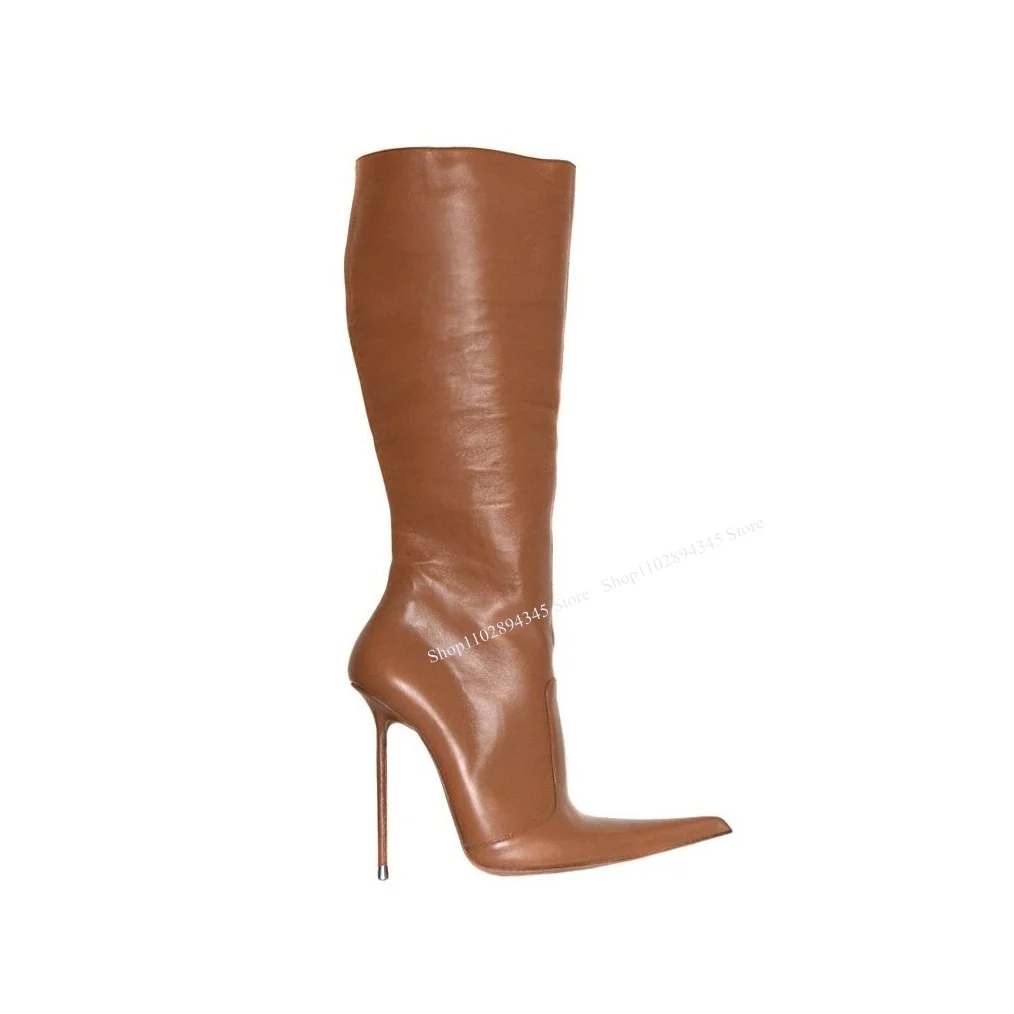 

Brown Knee High Matte Leather Boots Thin High Heel Pointed Toe Fashion Sexy 2024 Winter Big Size Woman Shoes Zapatillas Mujer