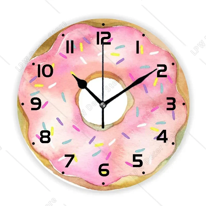 3D Cute Pink Watercolor Donut with Sprinkles Kitchen Wall Clock Girly Doughnut Round Wall Watch for Kid Room Nursery Decor Gift