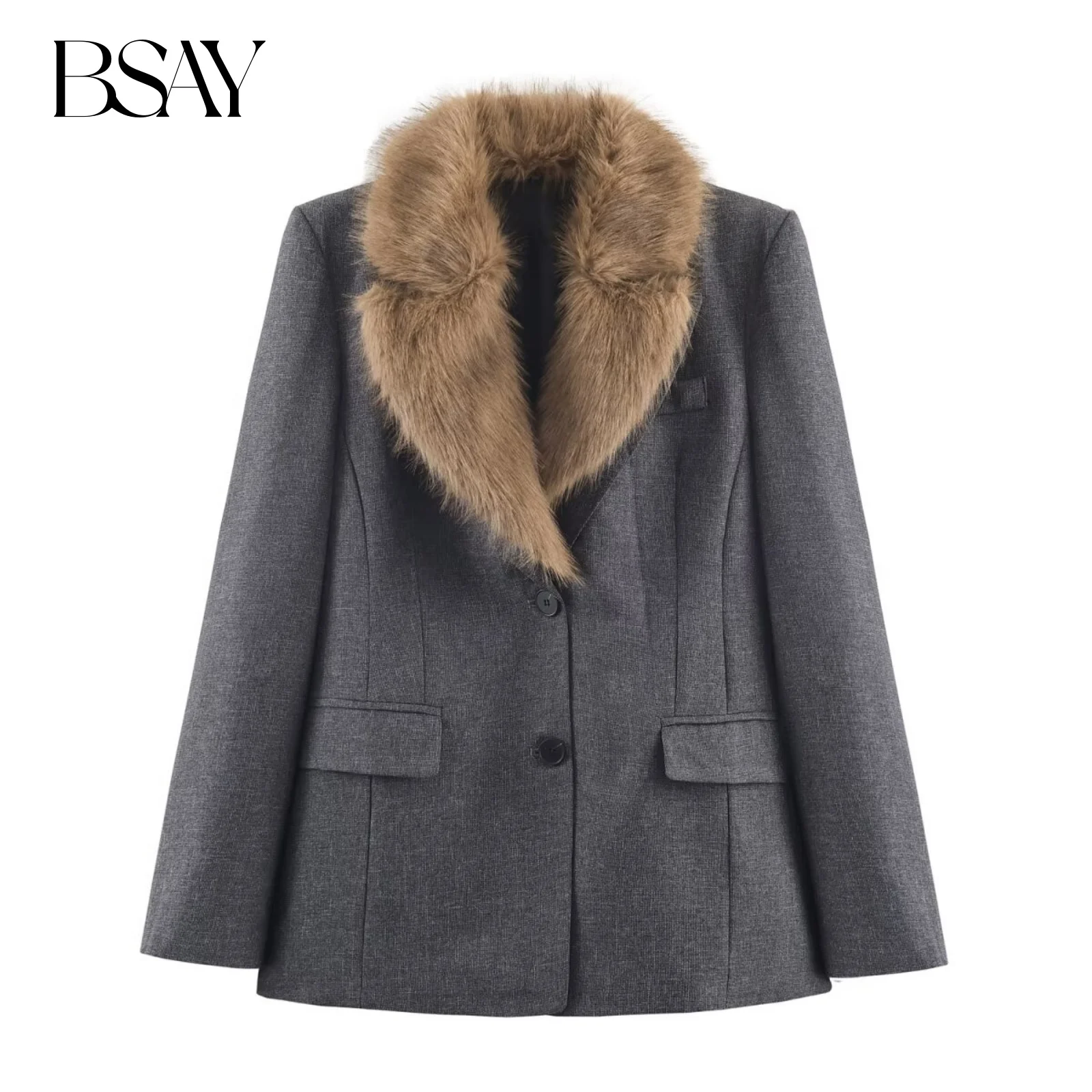 

BSAY Faux Fur Effect Blazers for Women Fashion Autumn Winter New Long Sleeve Single-breasted Suits Jacket Chic Female Suit Coat