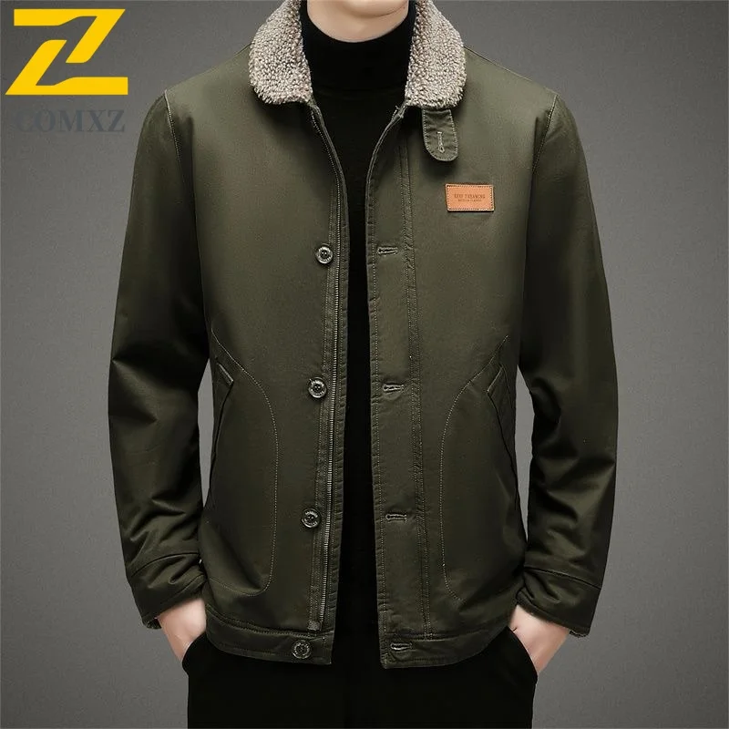 

COMXZ 2025 Men Jeep Style Shearling Coat Winter Outdoor Pure Cotton Fleece Lined Thick Warm Padded Jacket Lambswool Workwear