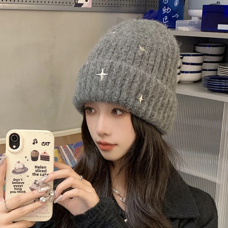 

Star Knitted Hat Women Winter Big Head Versatile Ear Protection Face Friendly Small Loose Warm Knit Hat Beanie Hat Men 4m814