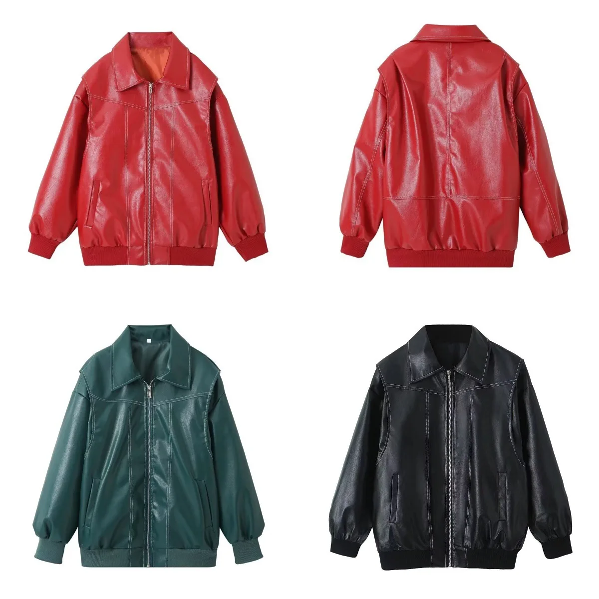 الأمريكية عادية خمر بولي Leather سترة جلدية معطف المرأة الخريف الشتاء جديد التلبيب سحاب أكمام طويلة معاطف الإناث موضة الشارع الشهير