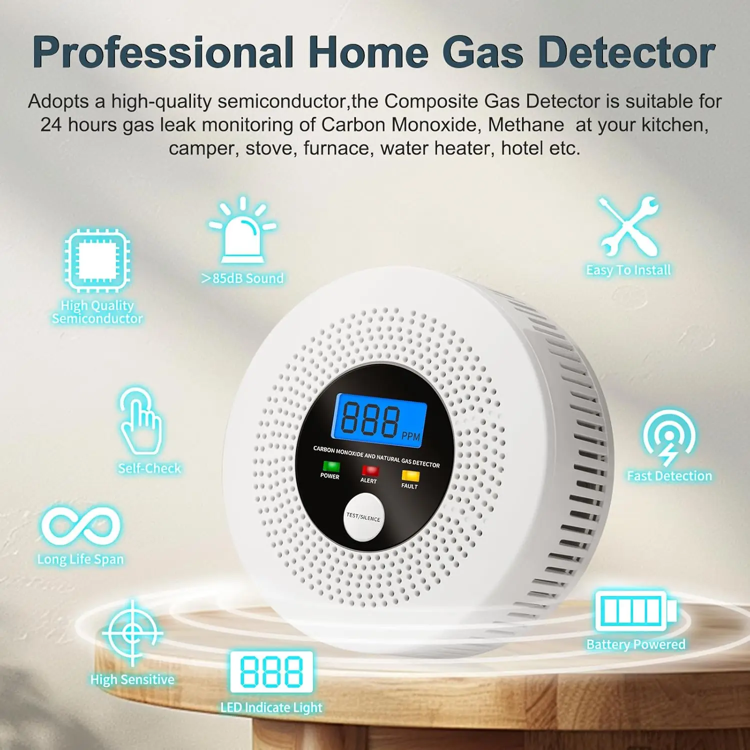 85dB Natural Gas Detector and Carbon Monoxide Detector with LCD Display and Sound Warning for Home, Garage