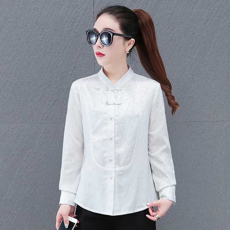 New Chinese White Shirts Women Spring FALL 2024 Ladies Elegant Mamianqun Matching Mock Neck Long Sleeve OL Frog Dobby Blouse Top