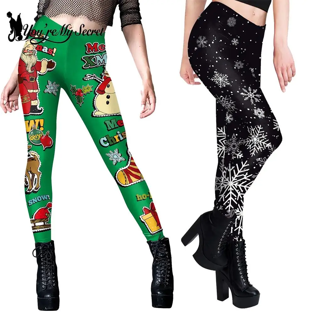 [You're My Secret] 女性用クリスマスレギンス セクシーなスノーフレークプリント ホリデーパーティーパンツ 女性用面白い弾性タイツズボン