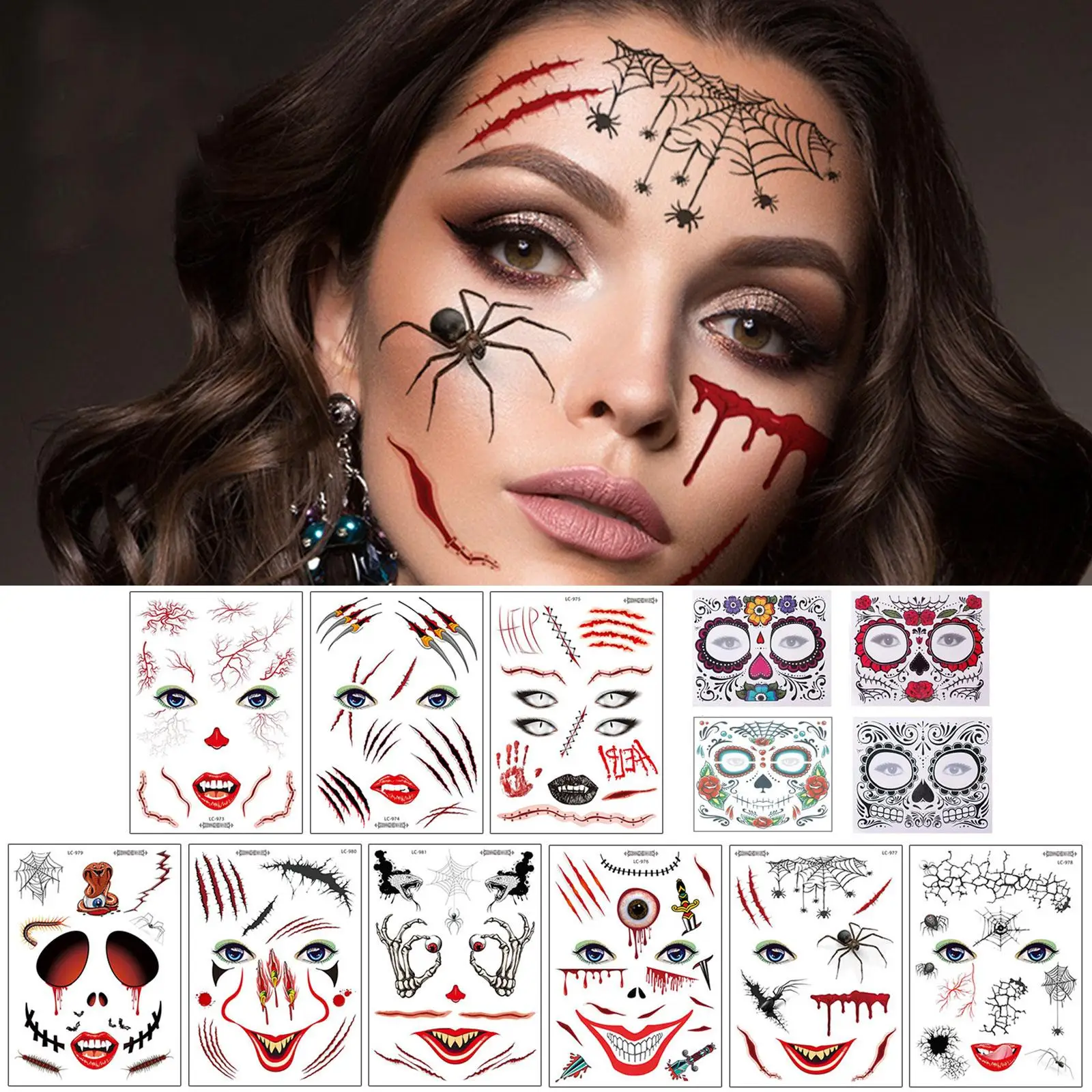 Halloween Facial Makeup Sticker Special Face Tattoo Day Of The Dead Skull Face Dress Up Halloween Temporary Tattoo Stickers