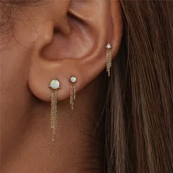 CANNER 3pcs/ Set S925 Sterling Silver Fringed Chain Opal Piercing Stud Earrings for Women Jewelry Gifts Hoops Brincos Pendientes