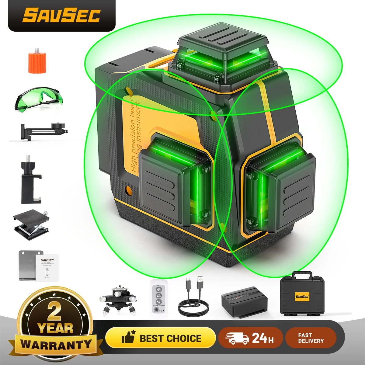 Laser Level 360° Self Leveling SAVSEC 3D 12 Lines Green Laser Cross Line with Remote Control Li-ion Battery for Construction