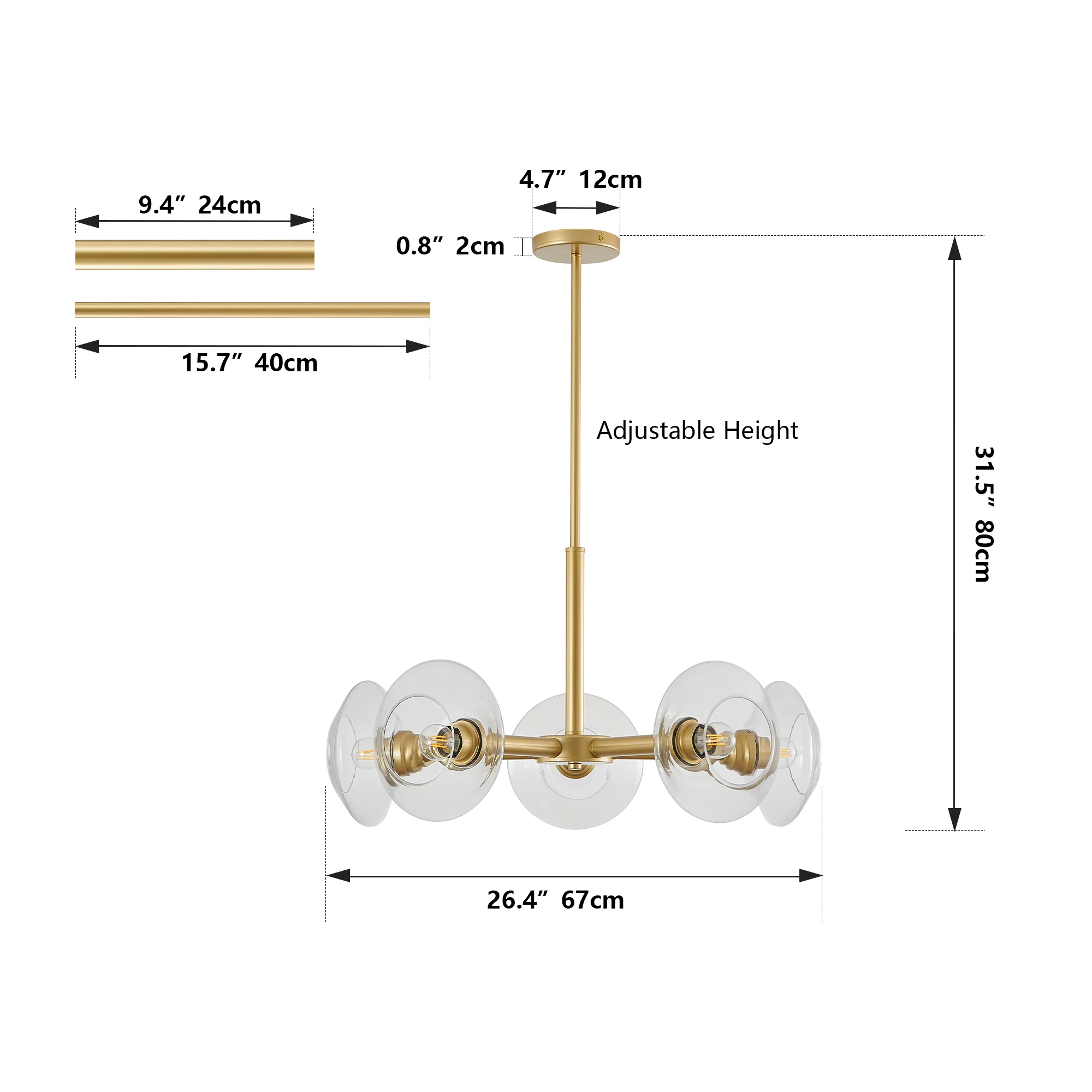 5-Light Modern Gold Chandelier with Clear Glass Shades, Mid-Century Hanging Pendant Light Fixture(Bulb Not Included)