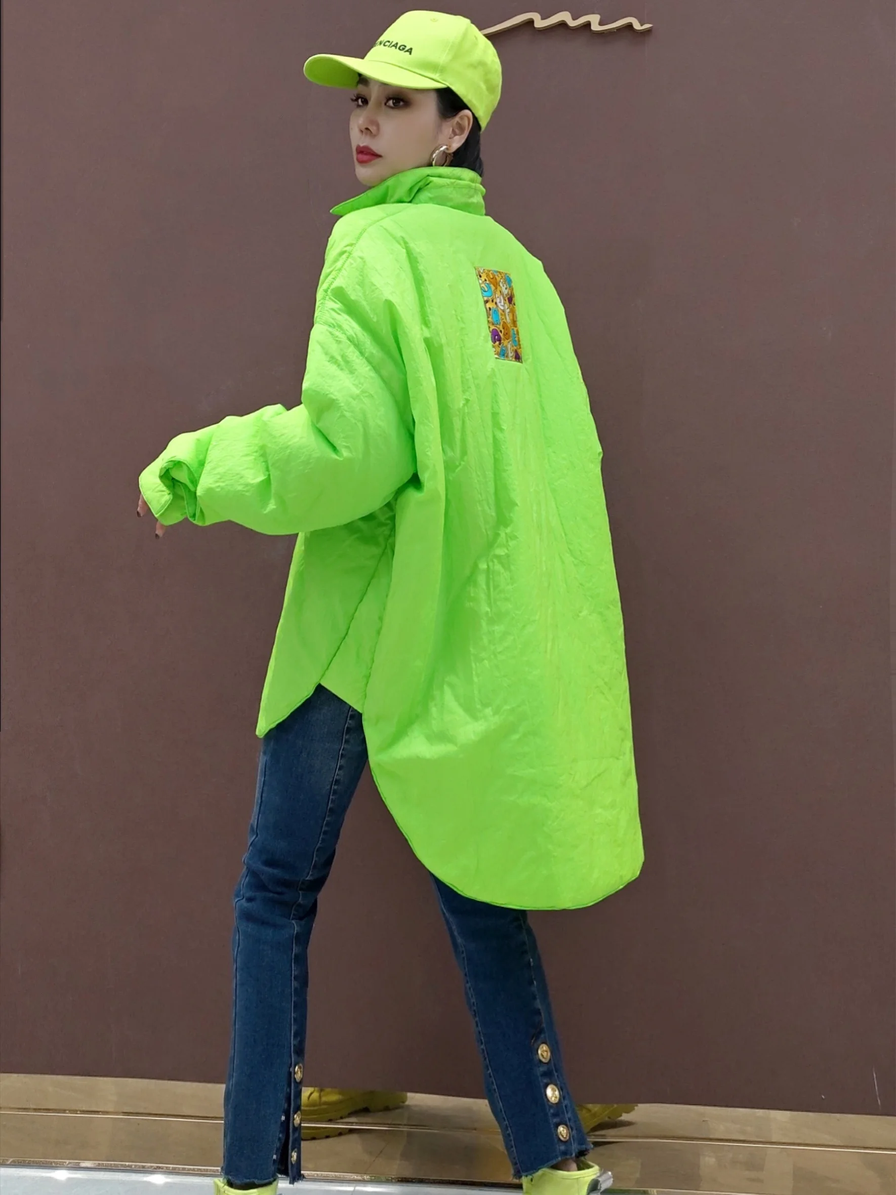 Vefadisa 2024 Spring Autumn Lapel Pullover Parkas Coat Loose Solid Color Thickening Patches Patches Jacket Green Women\'s LHX3987