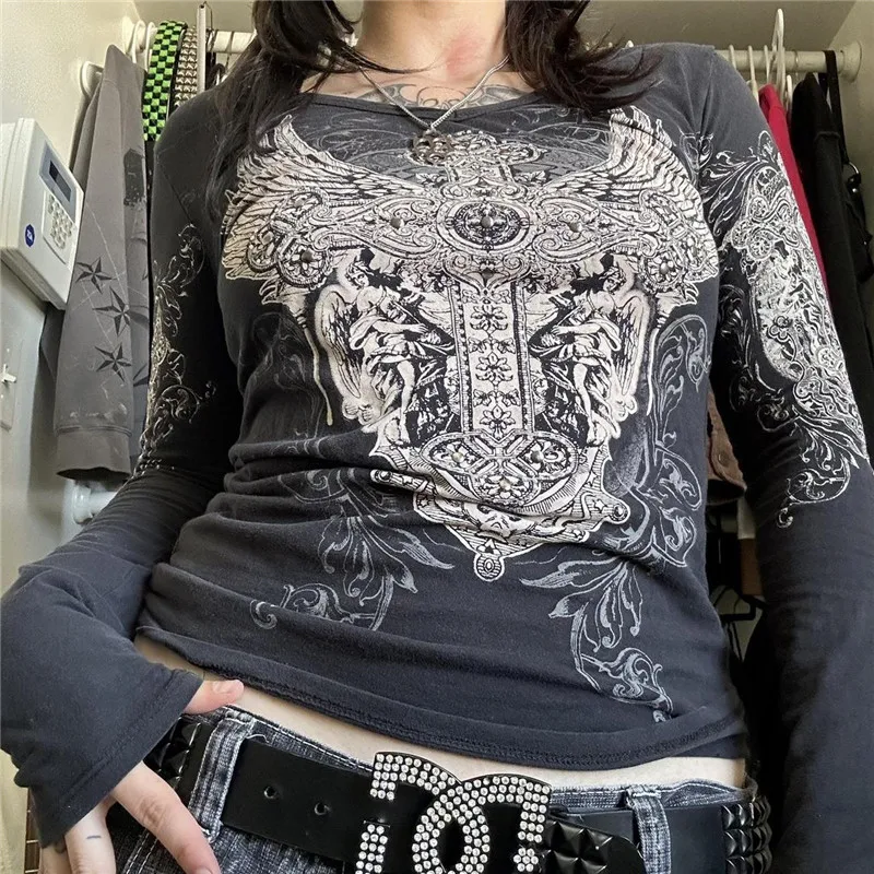 2000s Y2K Cyber Grunge Vintage T-shirt Graphic Print O Neck Long