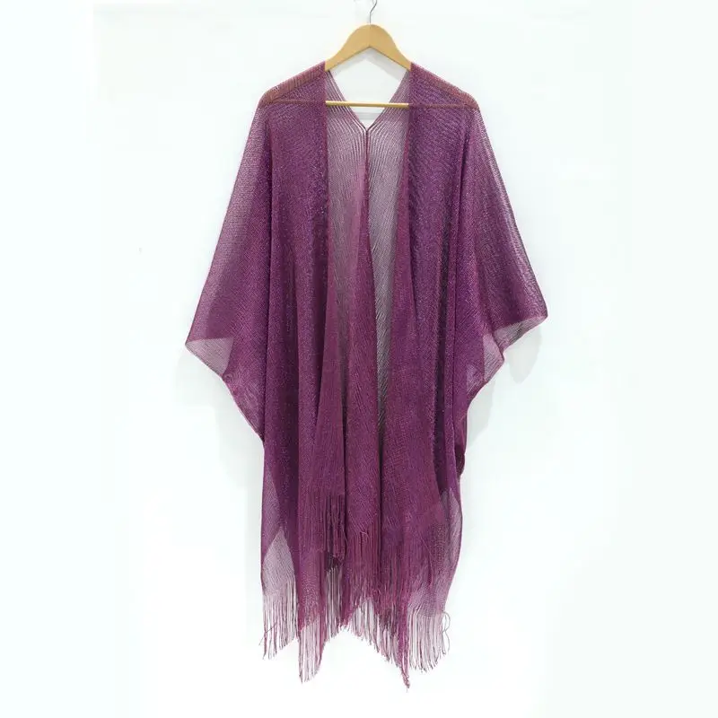 

Beach Cape Cloak Women Fine Mesh Weaving Poncho Seaside Holiday Spring and Summer Lady Gold slit Bikini Beach Coat Shawl Purple