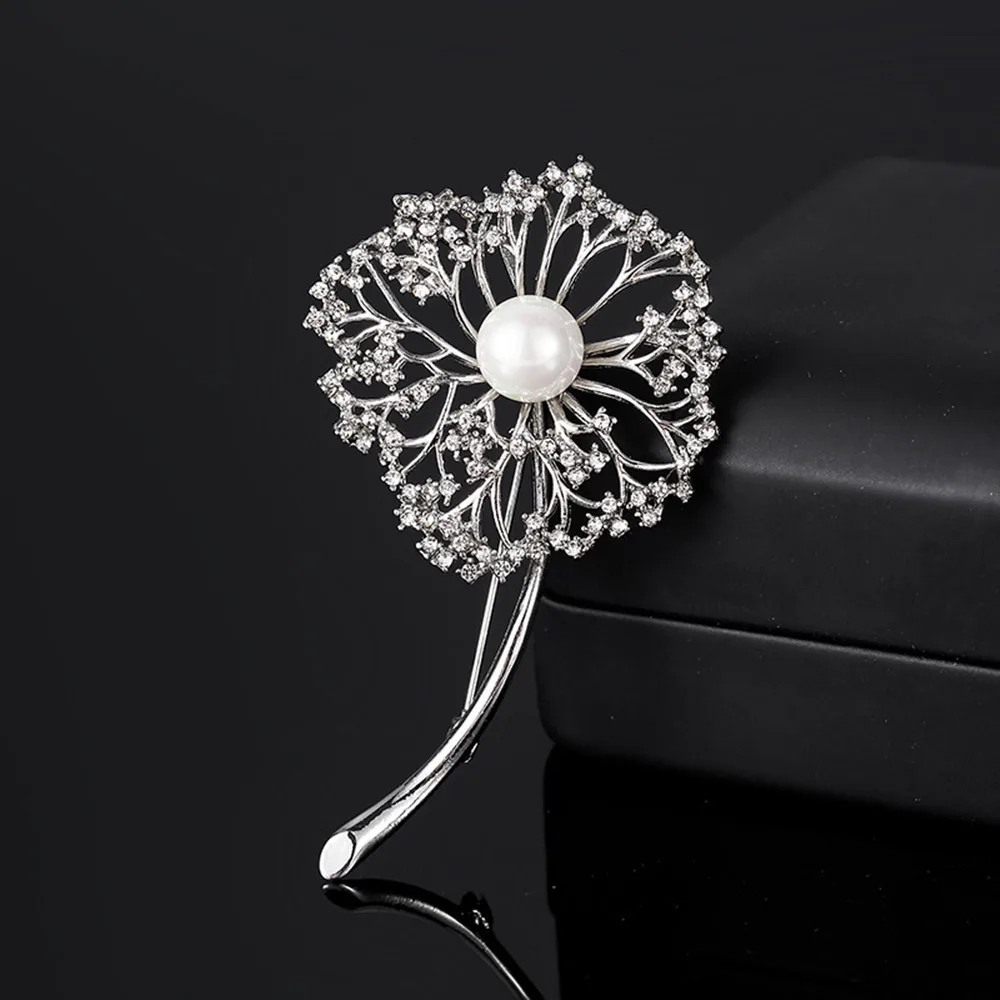 Ajojewel Silver-color Hollow CZ Dandelion Brooch Pearl Suit Pin For Cloth Vintage Style Costume Jewelry Fashion Gift Items