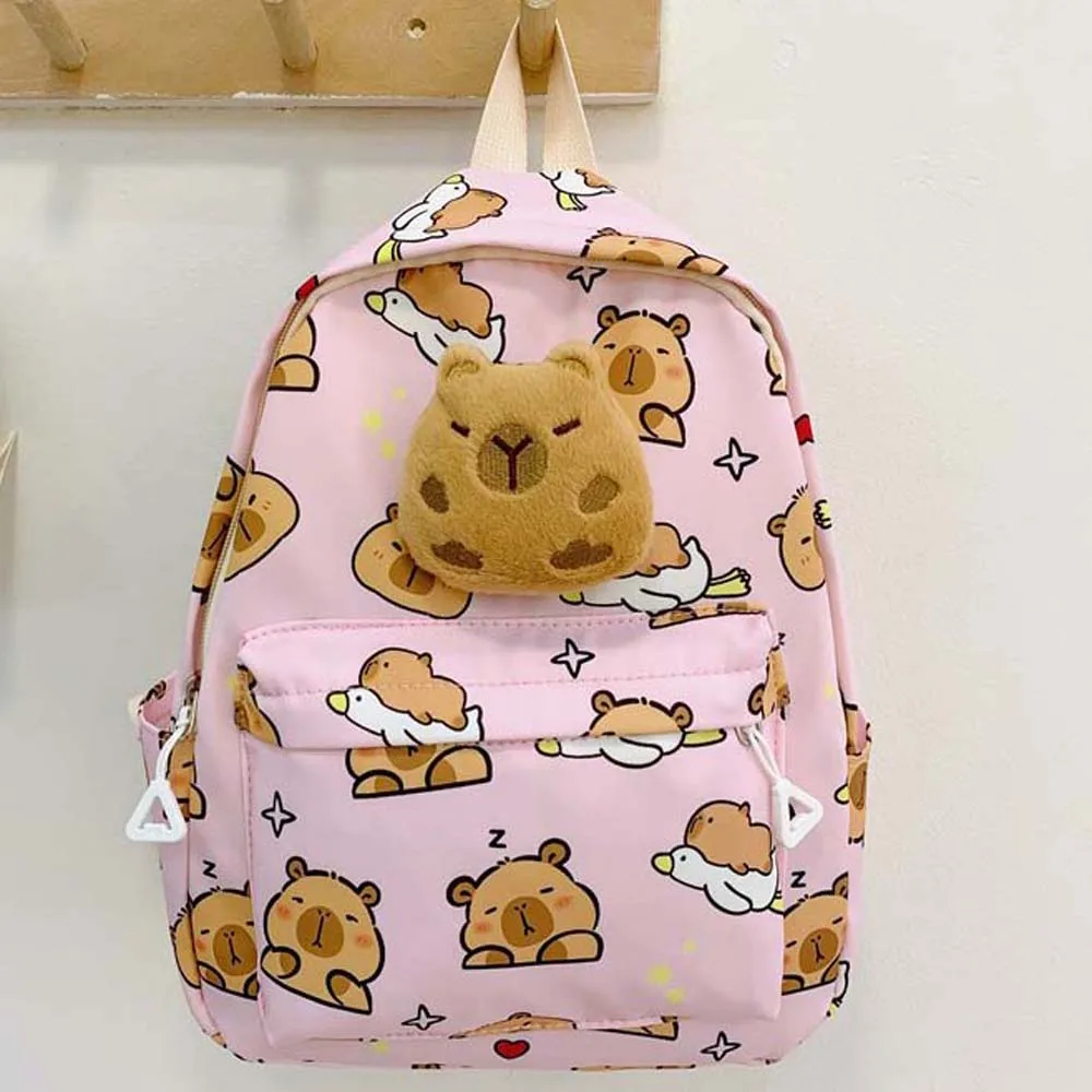 Mochila de capibara gruesa con correas anchas, mochila de nailon con animales de dibujos animados, muñeco de peluche ligero multifuncional, adorno para amigos