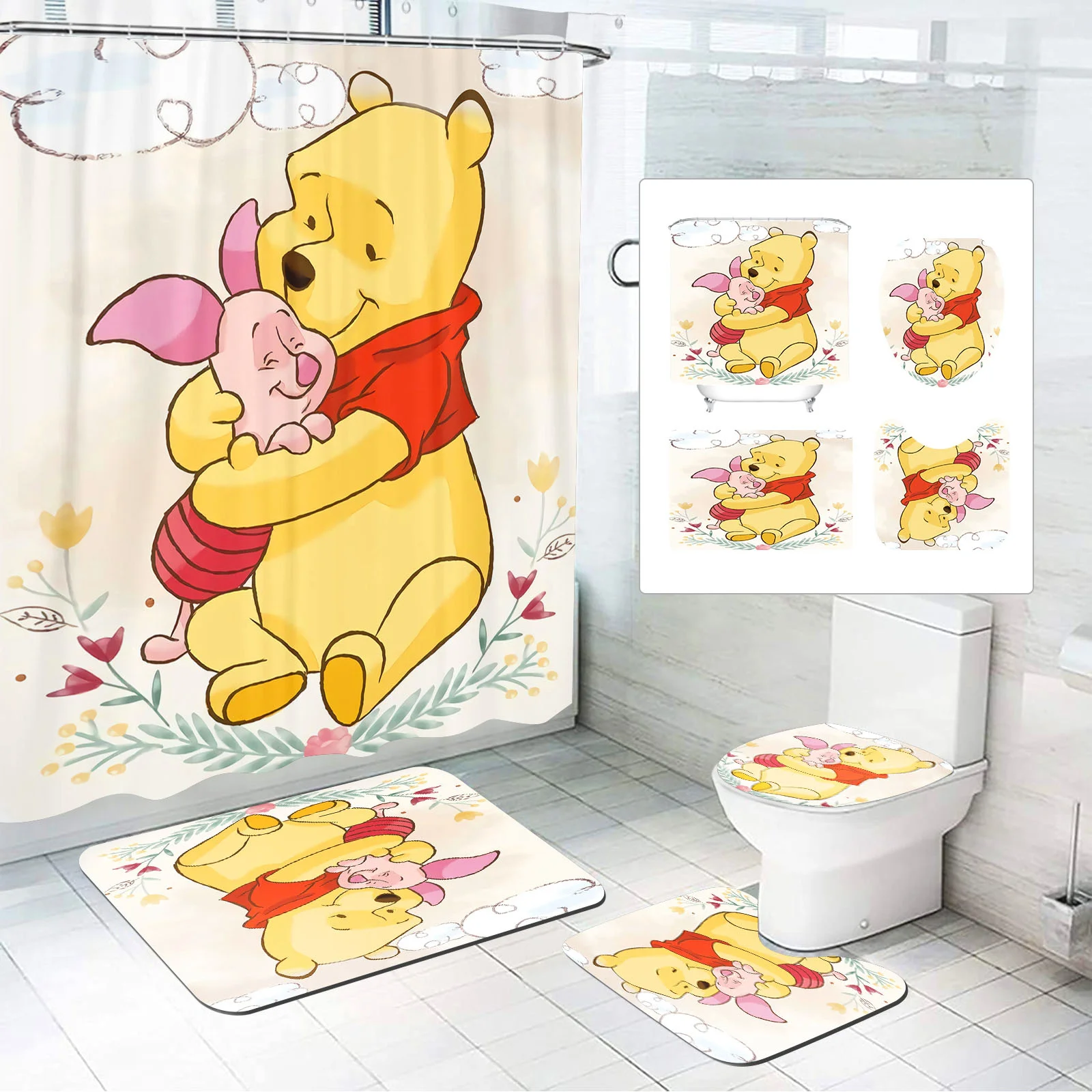 

Winnie the Pooh Printed Shower Curtain Bathroom Sets Full Set Accessories Luxury Curtains Anime Abstract 4 Piece Mats