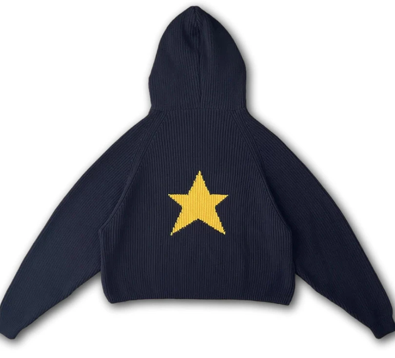 

Trendy Knitted Long Sve Hoodie Sweatirt ex Autumn Winter Star Patterned Cuffed Jogger Streetwear Youth Casual Hooded