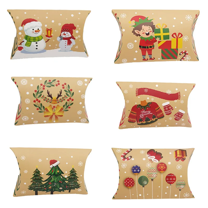 12/24Pcs Kraft Paper Christmas Pillow Candy Gift Box Sweet Creative Favor Gift Packaging Gift Box Merry Christmas Party Supplies