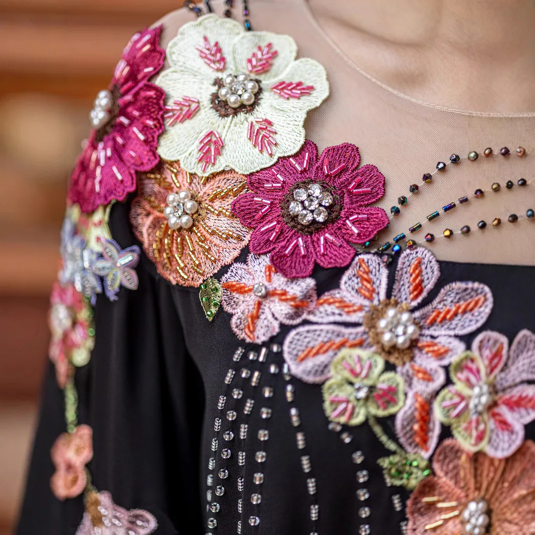 Women's Black Beading Casual Trendy Elegant Patchwork Loose Abaya Female Dresses Clothes Muslim Middle East 2025 New Fashion
