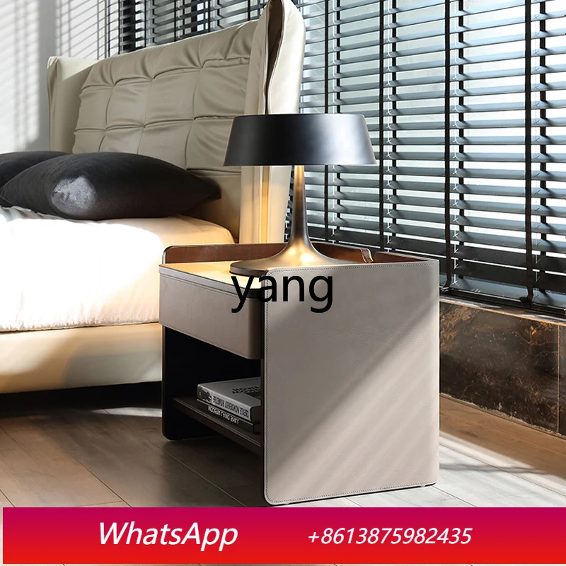 LH  Minimalist Bedside Table Bedroom Saddle Leather Household Smoked Wood Premium Light Luxury Bedside Cabinet