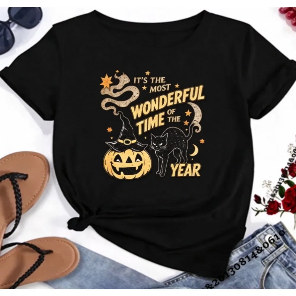 Women Crew Neck Short Sleeve Black T-Shirt, It's The Most Wonderful Time Of The Year Pumpkin Witch Hat Black Cat Graphic