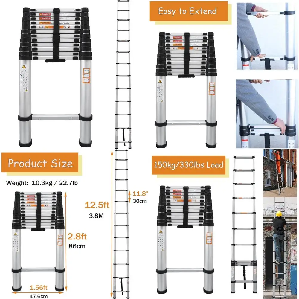 

Multi-Purpose Lightweight Portable Aluminum Ladder - 12.5ft, 12 Steps, 330lbs Load Capacity, Space-Saving Design