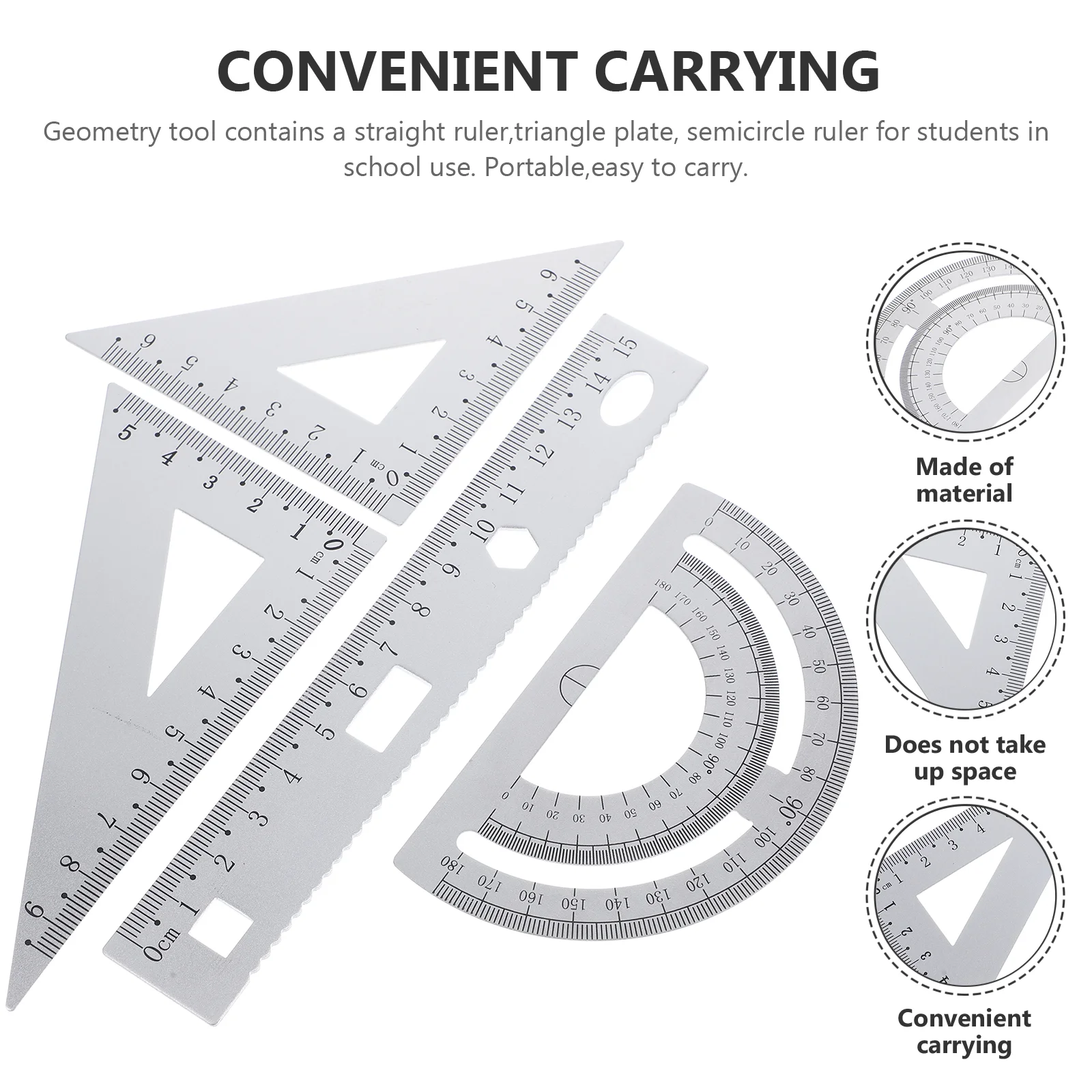 Portable Ruler Protractor Triangle Plate Aluminum Measuring Convenient Carrying Stationery Set Students