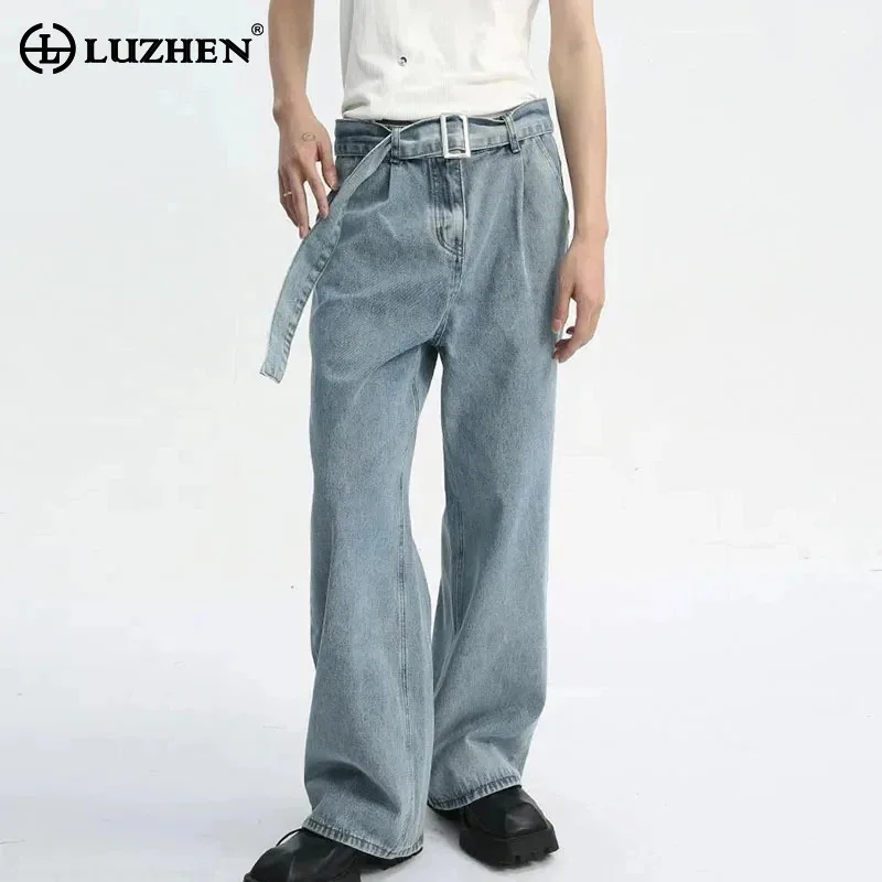 

LUZHEN Korean Waist Jeans 2024 New Men's Style Elastic Ribbon Decoration Fashion Trendy Relaxed Casual Male Denim Pants 9C5601