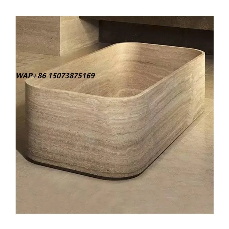 Modern Luxury Natural Travertine Polished Freestanding Bathtub with 12 Jets 20gal Capacity Durable Indoor Spa Tub