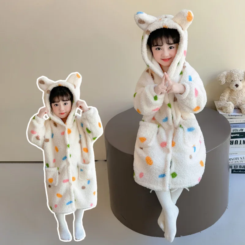 الفتيات الخريف الشتاء رداء رشاقته بيجامة مجموعة لينة روب للنوم البولكا نقطة المتسكعون مقنعين ثوب النوم العصرية ملابس الأطفال #2