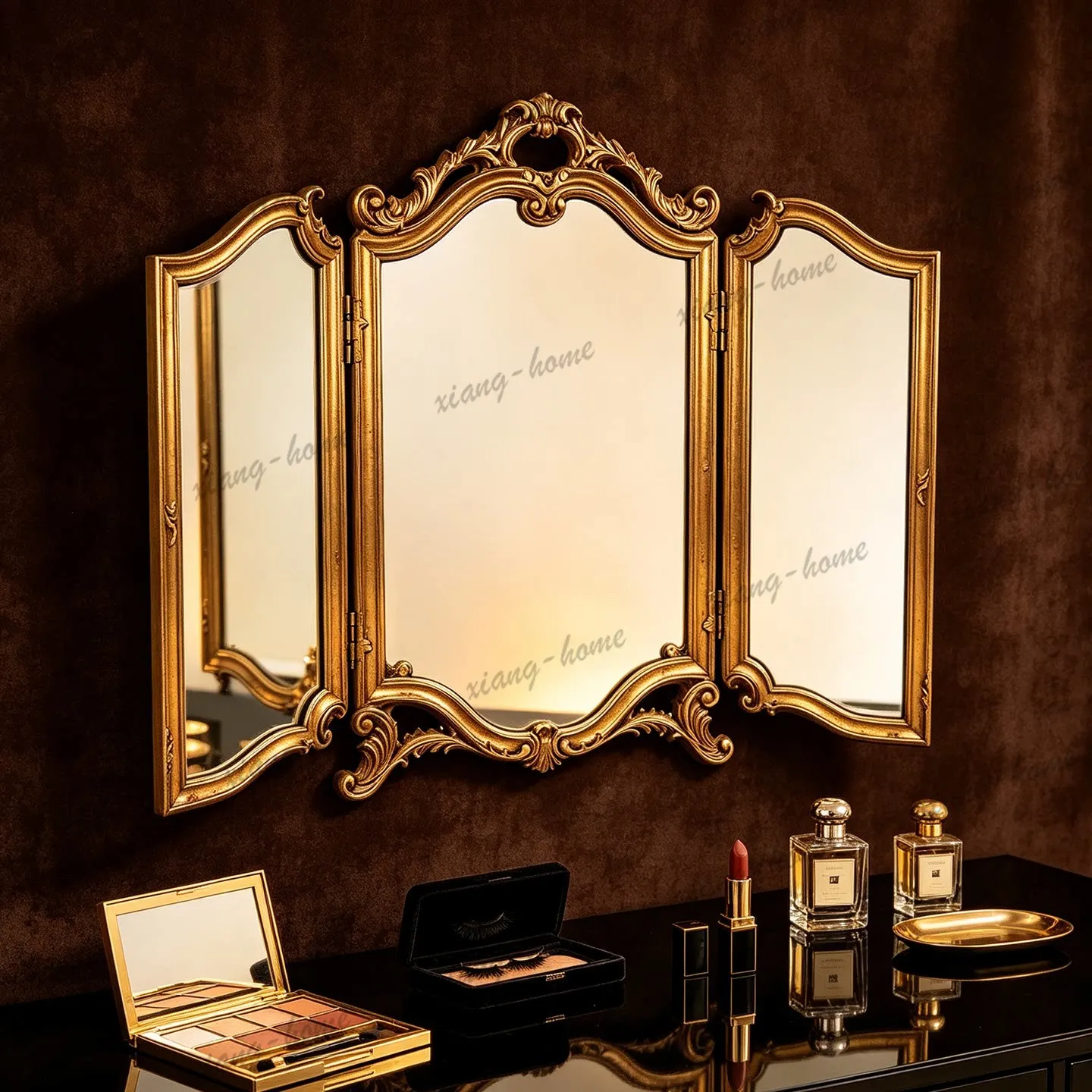 PG French retro carved tri-fold mirror American fireplace decoration bedroom dressing three-sided folding bathroom mirror