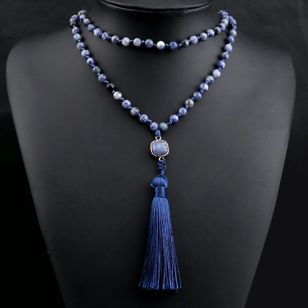 New Prayer 108 Mala Beads Tassel Pendant Necklace 6mm White Dot Blue Natural Stone Bracelet&Bangle Chain Jewelry Gift Friend