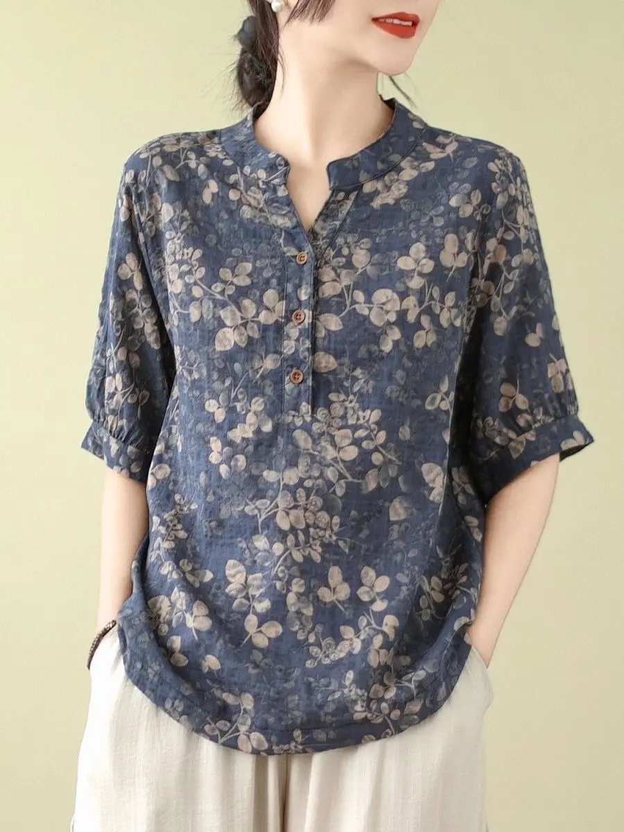

Retro Floral Cotton Linen irt Women's Summer New Sle Beautiful Sli ort Sve Silk Top Trendy Korean Loose...