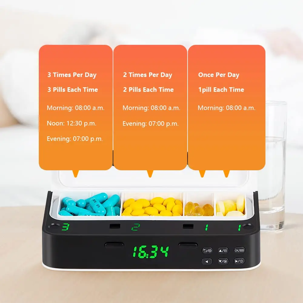 Mini Smart Pill Organizer Plastic Box Electronic Pill Reminder Digital Pill Box 7 Alarms Per Day Button Operation Medicine Spoon