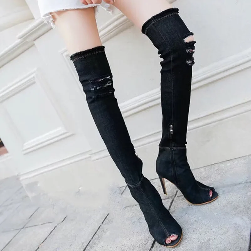 Women\'s Denim Thigh High Boots Stylish & Sexy Open Toe Stiletto Heels Ripped Boots