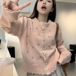 Pink bow lace knit patchwork cardigan new sweet jacket sweater top knitted long sleeve