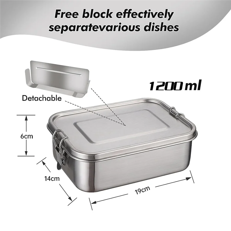 Stainless Steel Lunch Box, 1200 Ml Lunch Box, Leak-Proof with Removable Divider, Lunch Boxes,Environmentally Friendly