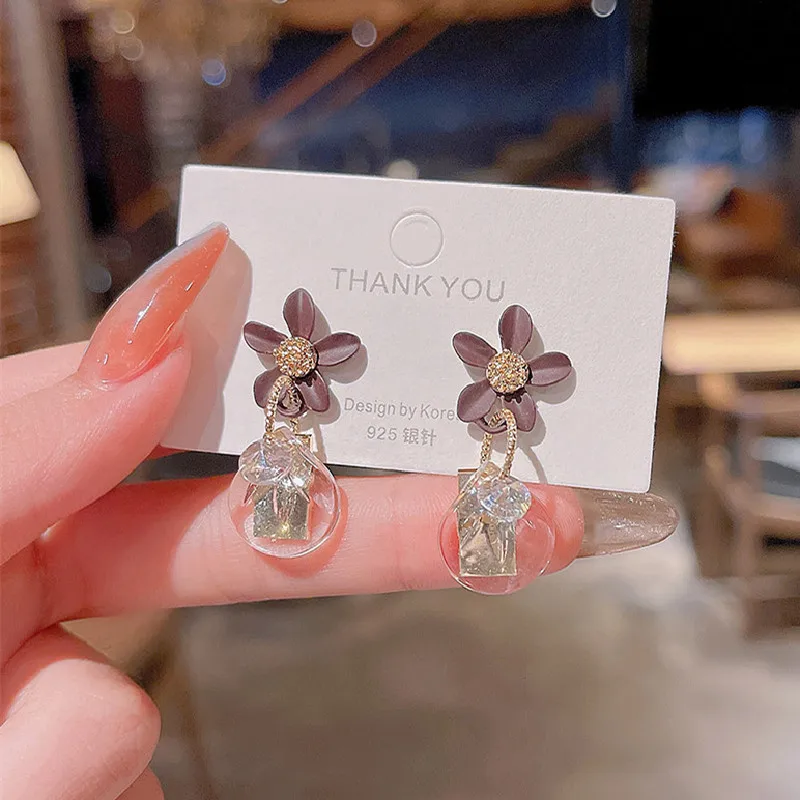 S925 Silver Needle South Korea New Crystal Flowers INS Tide Personality Design Sense Simple Fashion Earrings Women