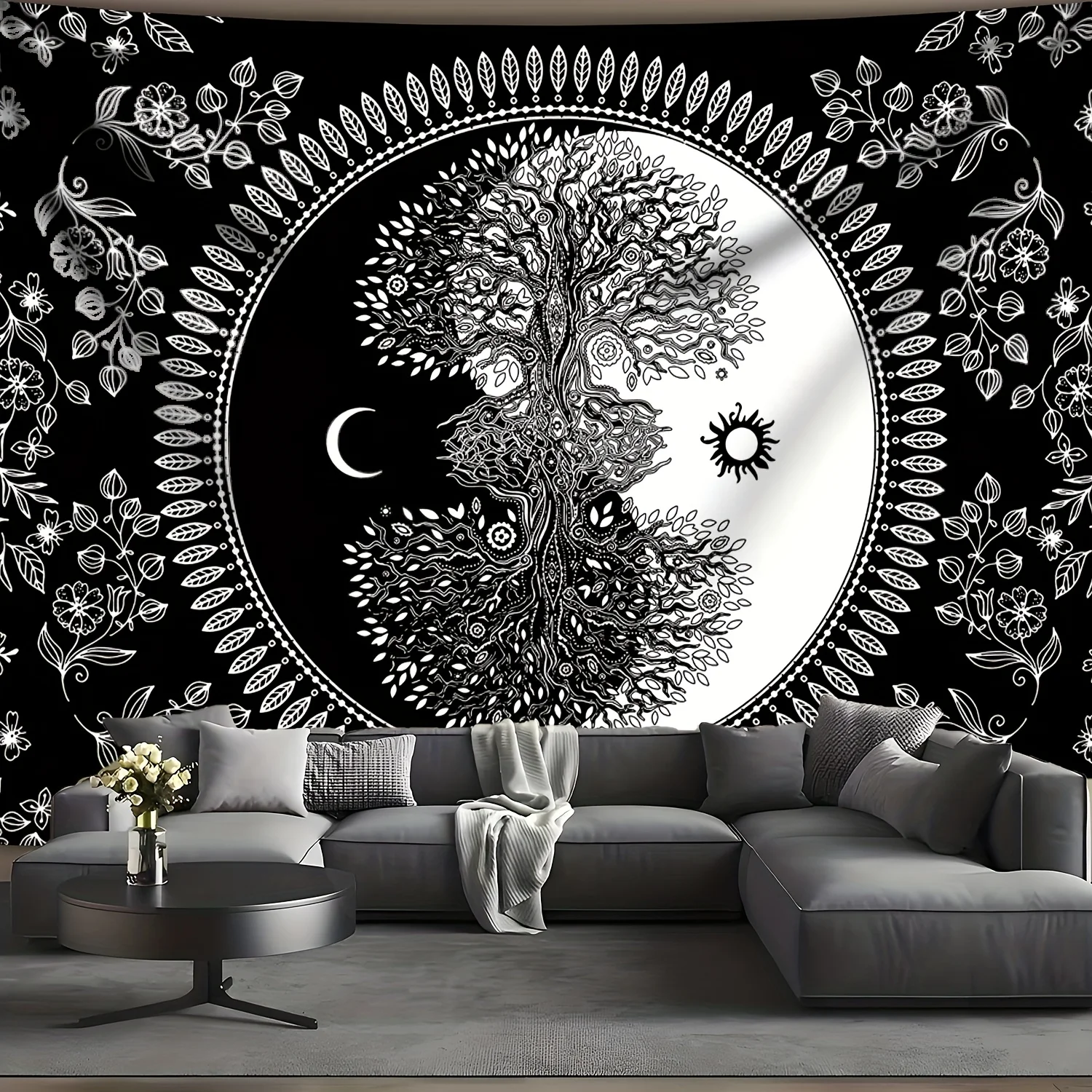 Yin Yang Tree Of Life Wall Tapestry Black White Mandala Art Boho Decor For Living Room Bedroom Spiritual Home Design