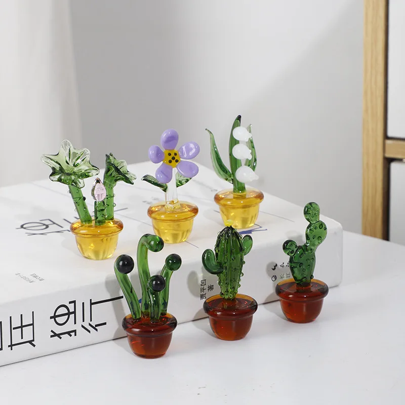 Mini Glass Plant Statue Simulation Cactus Bonsai Bedroom Decoration Home Desktop Decoration