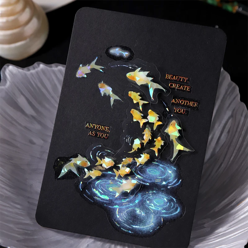 Journal GO 10pcs Dreamy PET Stickers, Shell Texture Goldfish & Star Decals for Phone Cases, Greeting Cards, Scrapbooking & DIY