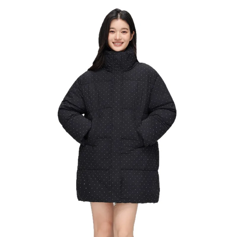 Parka Wanita Musim Dingin Hangat, Model Longgar Kasual Lengan Panjang, Mantel Fashion Polos dengan Ritsleting, Pakaian Luar Berlian Berkilau untuk Pelajar, Terbaru