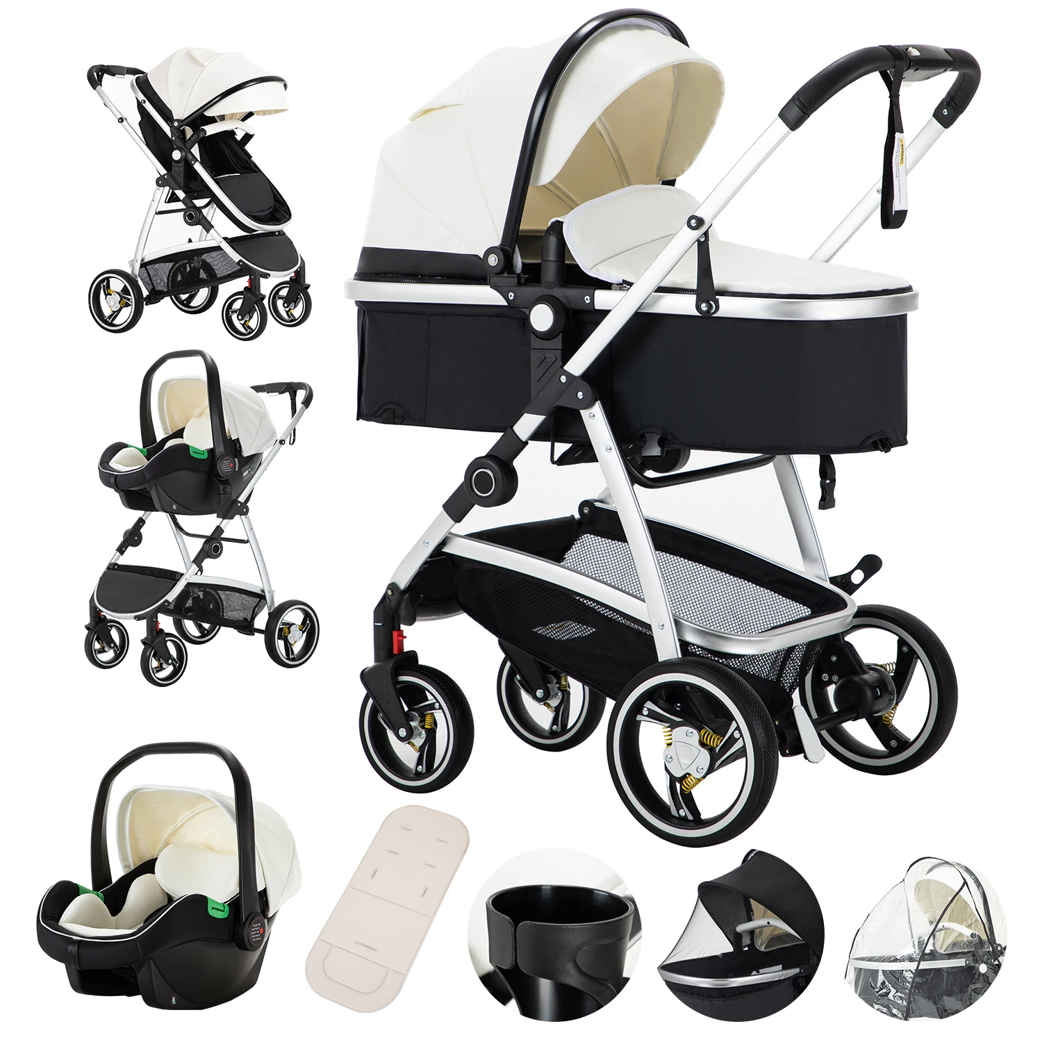 3-in-1 kinderwagen Draagbare luxe reiswagen Hoge landschap pasgeboren kinderwagen met draagzak PU-leer