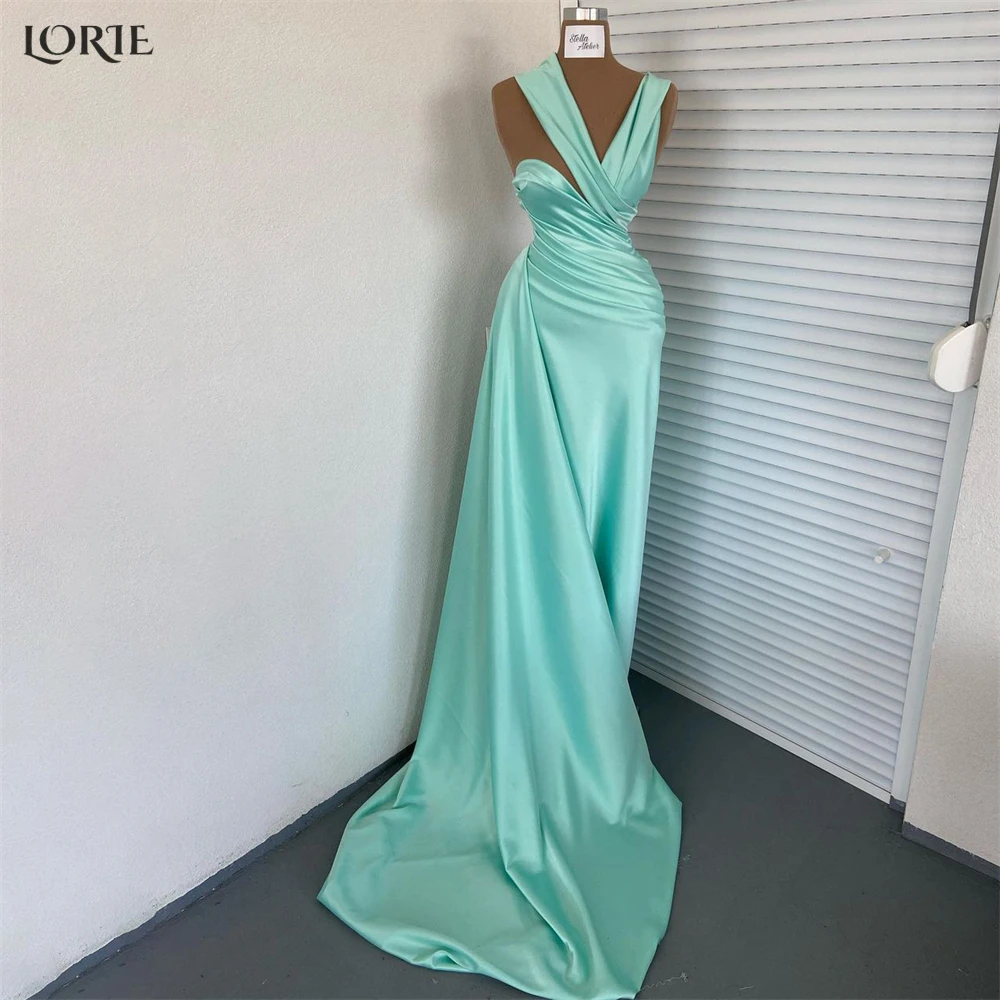 

LORIE Mint Green Mermaid Evening Dresses Irregular Neckline Pleated Shiny Satin Formal Prom Dress Saudi Arabia Bride Party Gowns