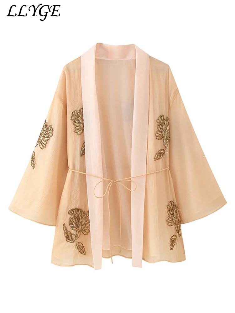 

Elegant Women's Beaded Sequined Print Shirts Loose Lace Up V-neck Long Sleeve Female Blouses 2025 Summer Lady Chic Thin Outwear