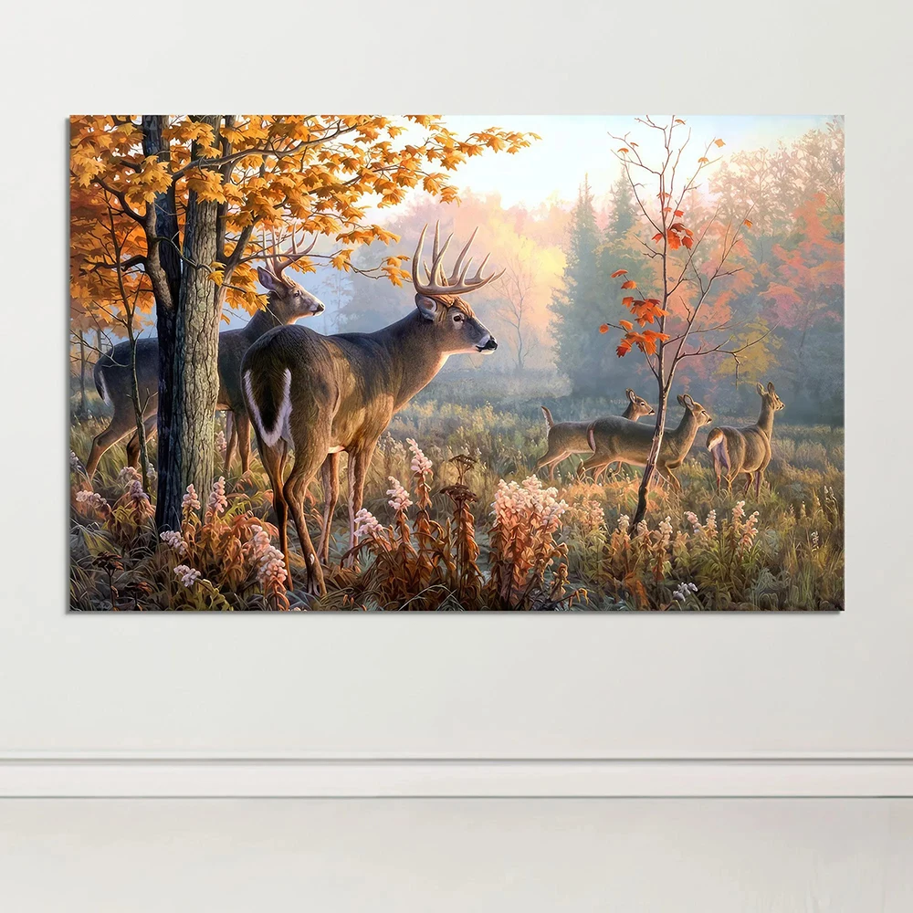 (بدون مؤطرة) الغزلان قماش جدار الفن ريفي قماش اللوحة طباعة الغزلان في الخريف الغابات المشهد صور المشارك الفني الحديث Ho